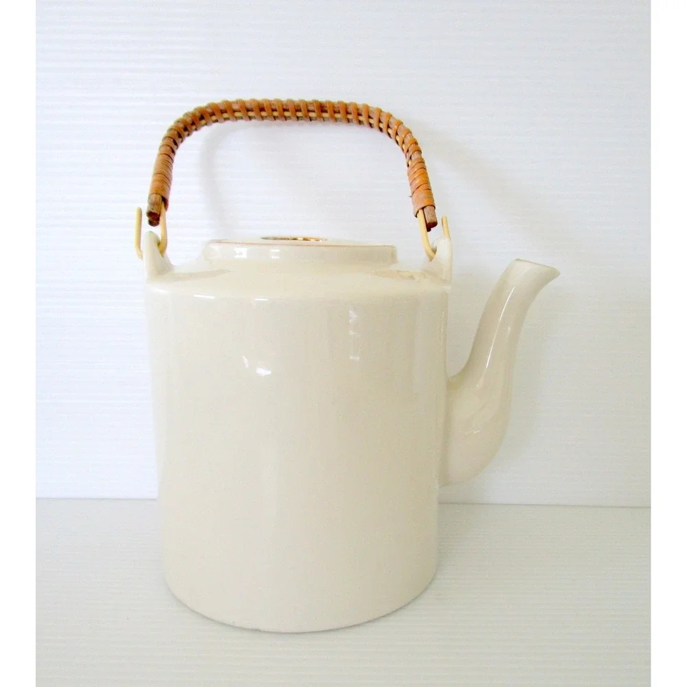 Japanese Vintage Ceramic Tea Pot With Gold Floral and Birds Bamboo Wicker Handle